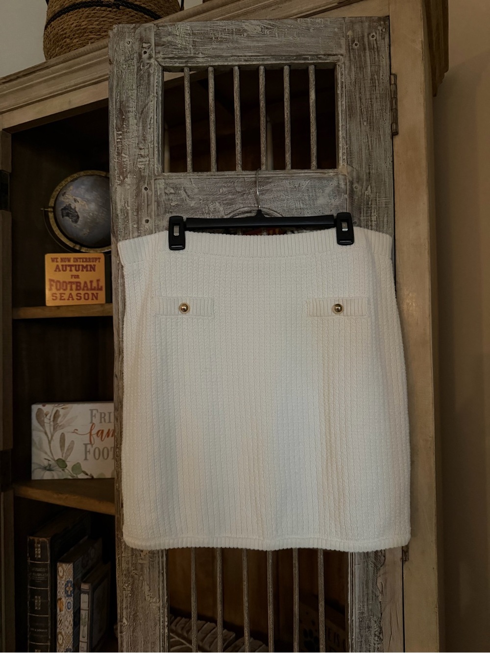 French Connection Cream Knit Mini Skirt with Gold Buttons